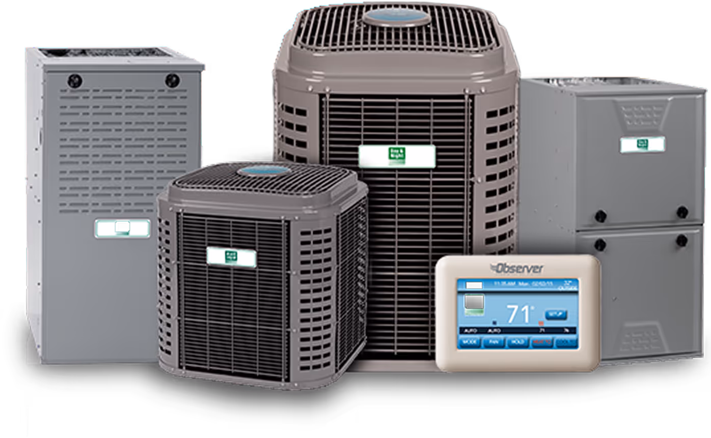 Day & Night heating and cooling equipment lineup — condensers, furnaces, and the Observer thermostat